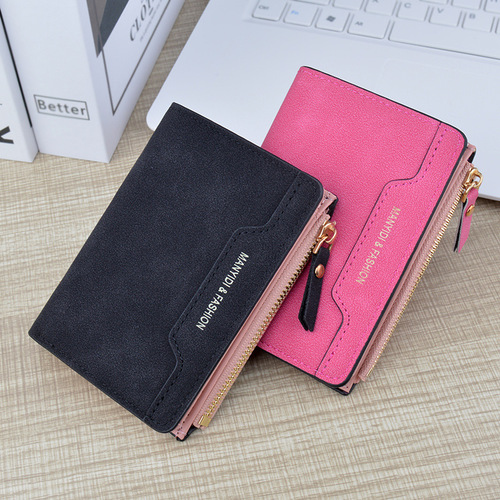 Women's Wallet Short Handle Coin Purse Student Style Korean Fashion Sanding Mini Leather Zipper Pocketless Wallet