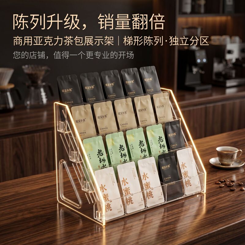 Acrylic multi-layer desktop tea display rack for live streaming stores, storage rack with compartments for bagged tea Acrylic multi-layer desktop tea display rack for live streaming stores, storage rack with compartments for bagged tea