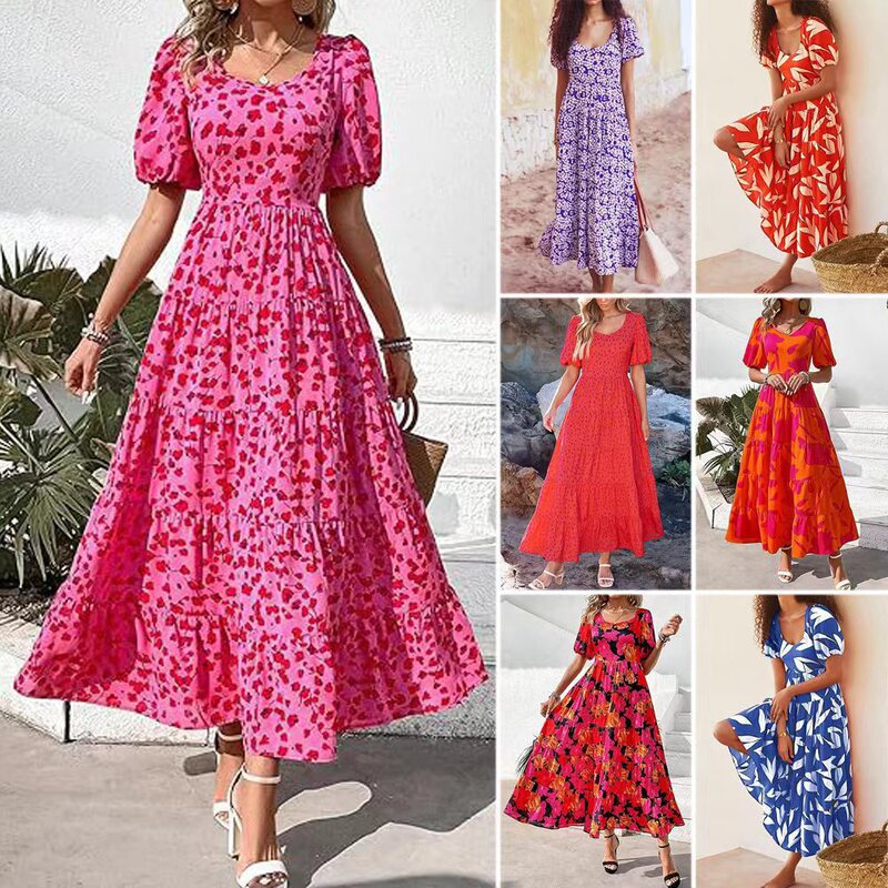 Women's dress 2024 Bubble Sleeve Floral Casual Summer dress Shucked Backless Beach Floating Long Dress