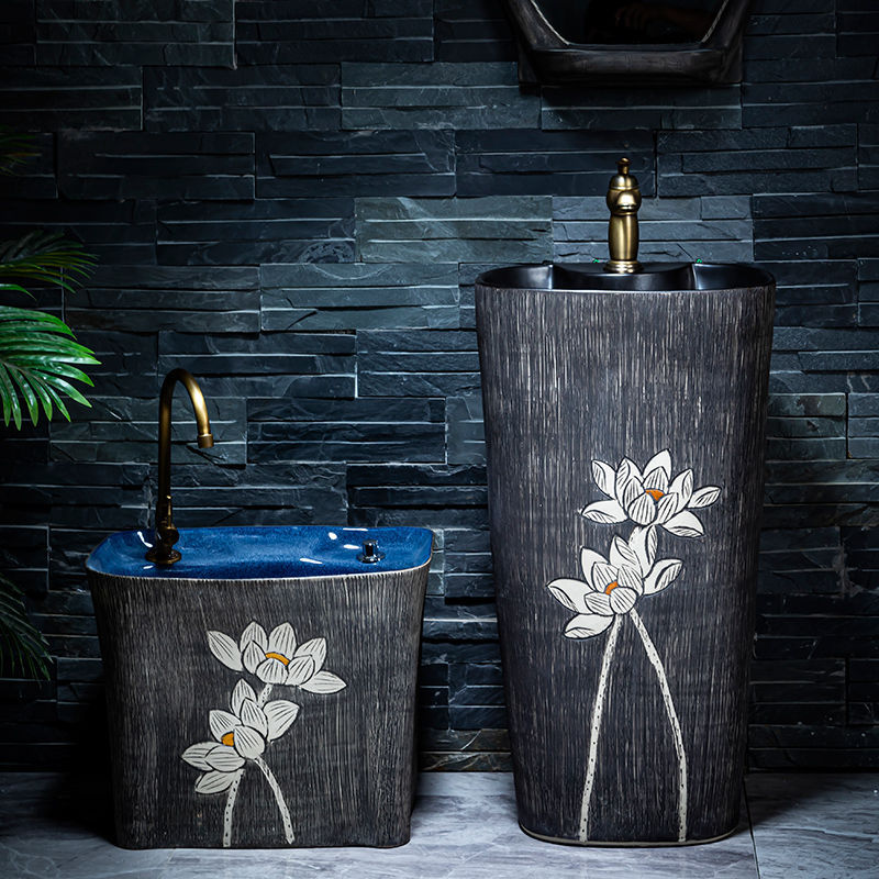 Column-Type Washbasin Outdoor Antique Courtyard Ceramic Balcony Washbasin Hotel Integrated Floor-Standing Washbasin