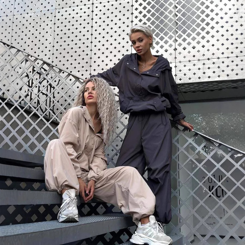 2026 European and American Cross-Border New Sports Workwear Set for Women, Hooded Top with Drawstring Wide-Leg Pants Two-Piece Set for Women