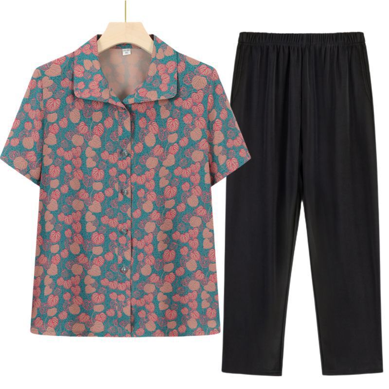 Grandma's Summer Short-Sleeved Shirt, Middle-Aged and Elderly Women's Summer Suit, Elderly Clothes, Petite Mother's Top