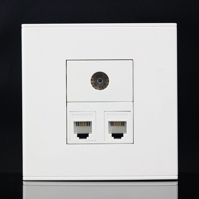 86型三位墙壁面板2个CAT3语音电话线加1个TV有线闭路电视插座面板
