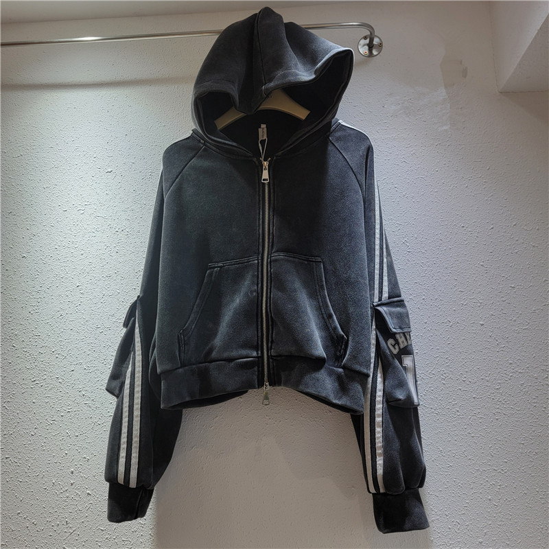 Vintage gris de manga larga chaqueta encapuchada abrigo de mujer relajado estilo delgado corto abrigo