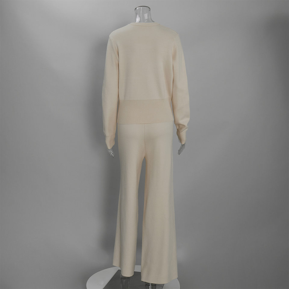 Bộ đầm dệt kim nữ gồm áo cardigan cài nút dáng ôm và quần ống đứng — Màu be, màu xám chi tiết 16