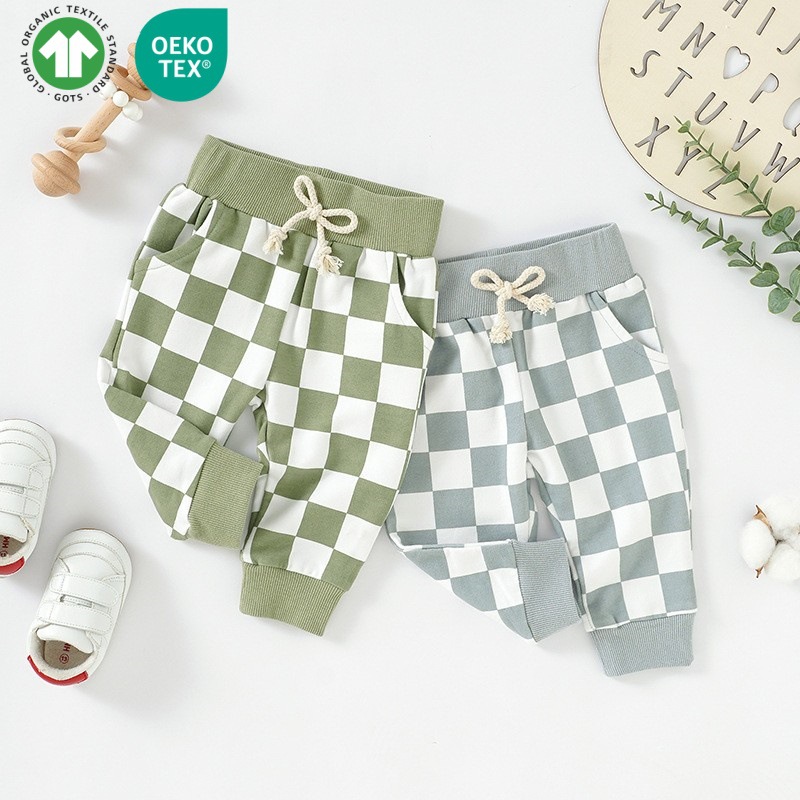Ins children's checkered print sweatpants, children's long pants, children's loungewear, baby sweatpants, organic cotton children's shorts.
