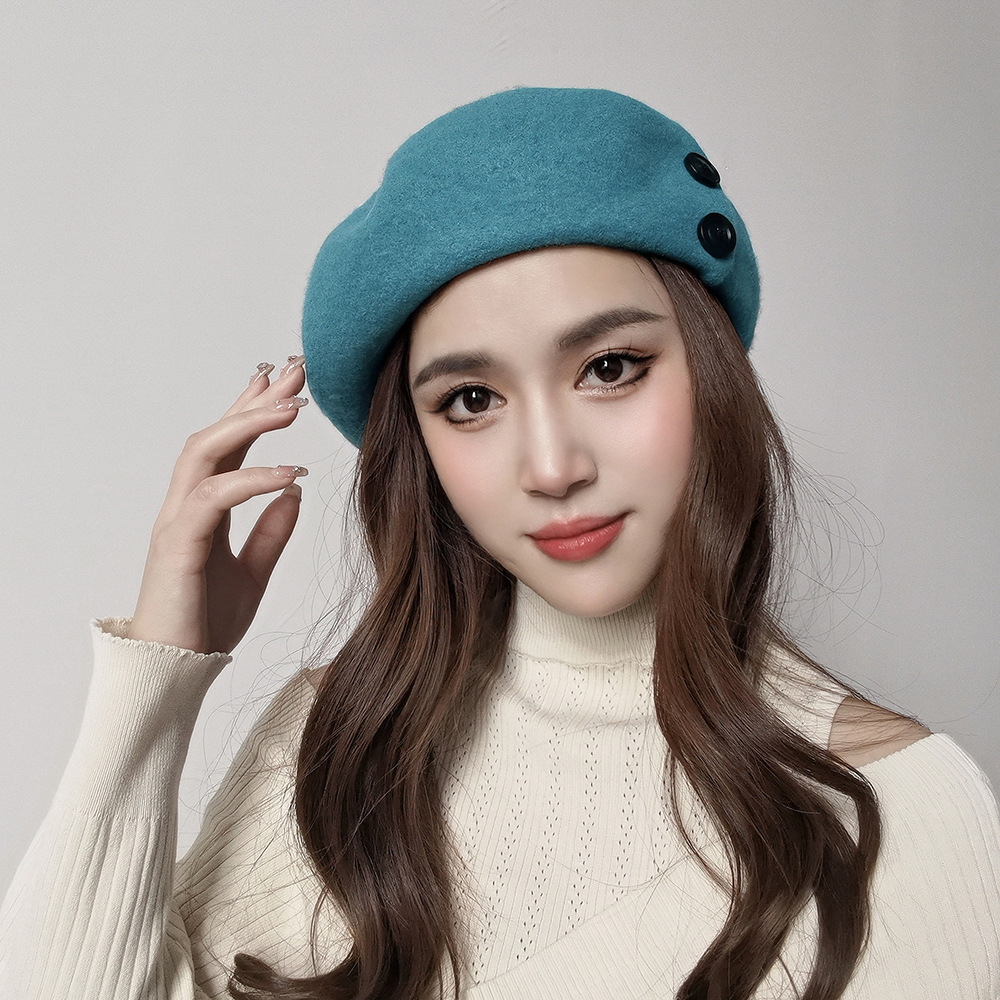 Autumn and winter fashion casual warm button decoration plus large elastic sweatband wool beret painter trendy hat_viptrois.com