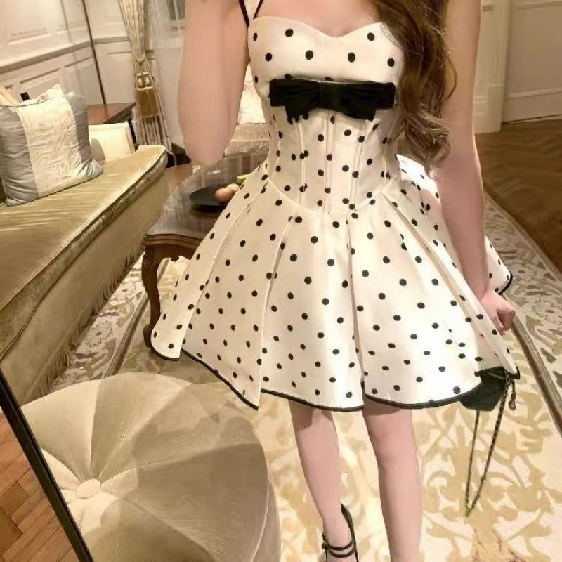法式甜美波点蝴蝶结蓬蓬公主裙早春新款吊带气质显瘦收腰连衣裙女|undefined