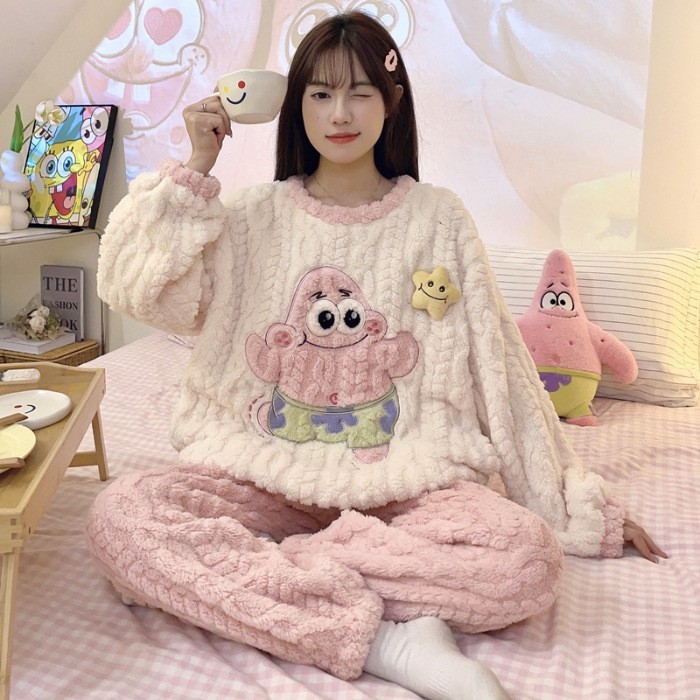 Transmisión en vivo de invierno transfronterizo cálido más pijamas engrosados de terciopelo mujeres lindo rebeca de solapa de ins servicio a domicilio de una pieza