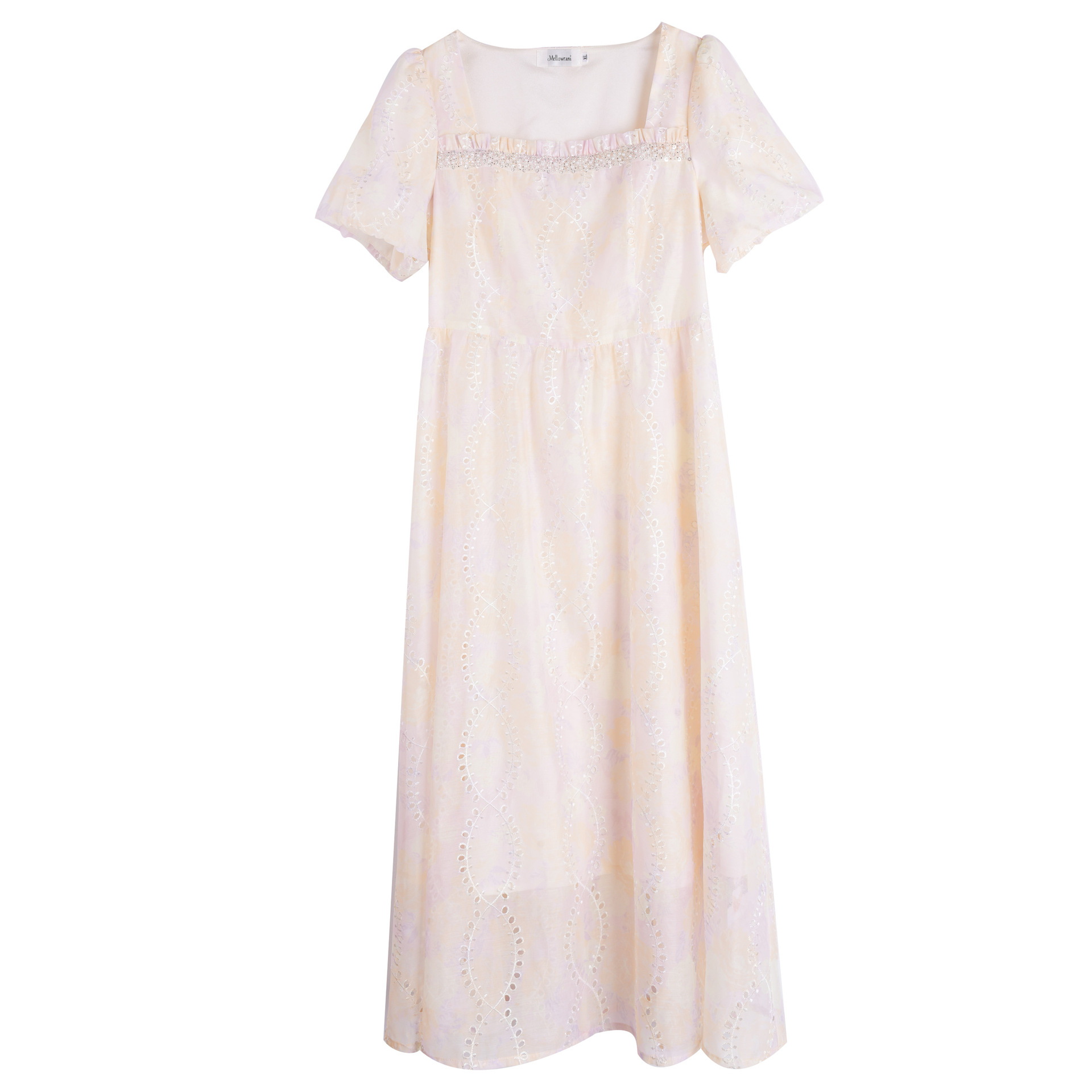 K2791 plus size Women's Summer French Embroidery Square Collar Dream with Diamond Long dress Chubby Girl Dress