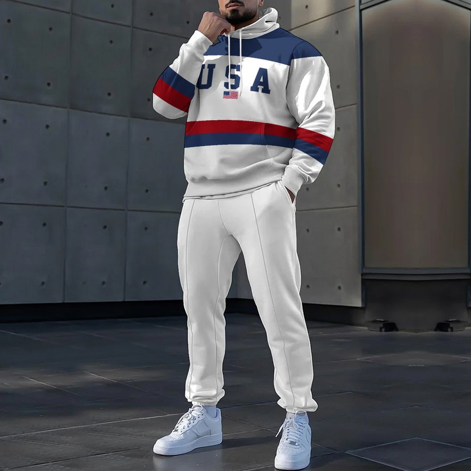 Pantalones de suéter con capucha de estilo personalizado de dos piezas con estampado digital a rayas clásico MC11-ML1