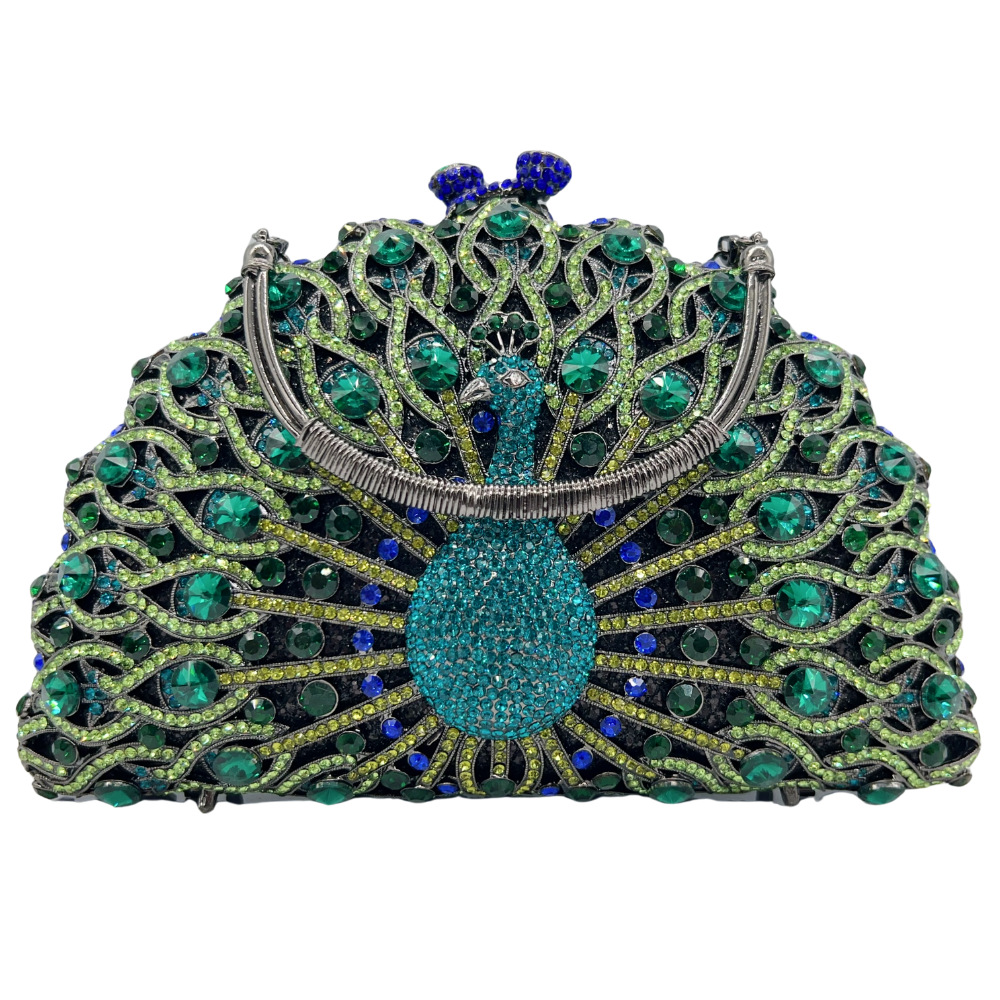 Túi clutch nữ đính đá hình con công rỗng dạ hội — Đen xanh lục, Xanh vàng, Nền vàng kim cương trắng, Vàng hồng chi tiết 5