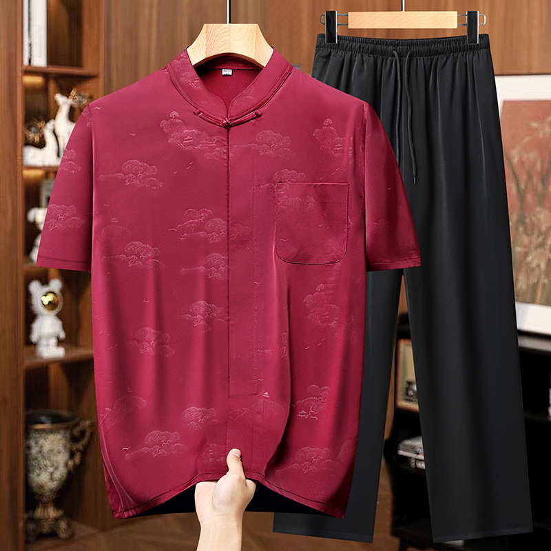 Summer Thin Ice Silk Chinese-Style Tang Suit for Middle-Aged and Elderly Men, Short-Sleeve Birthday Outfit for Dad or Grandpa