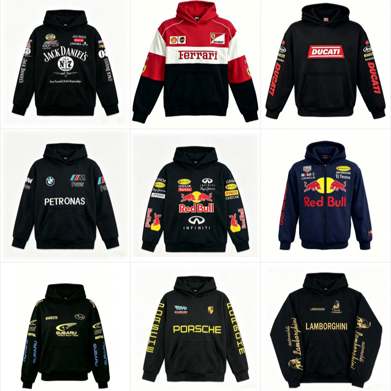 All styles of F1 racing embroidered hoodies, pullover hoodies, Ferrari and Red Bull casual jackets, unisex, customizable