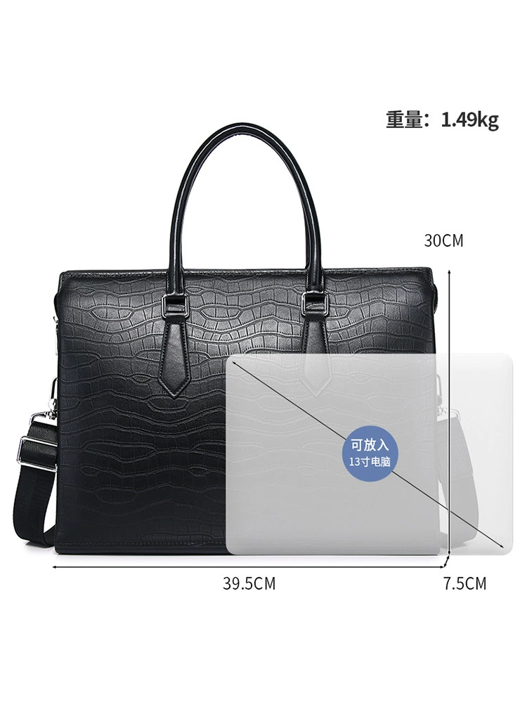 Leather bag, men's capacious laptop, custom-made, cowhide, crocodile print, genuine leather, business version