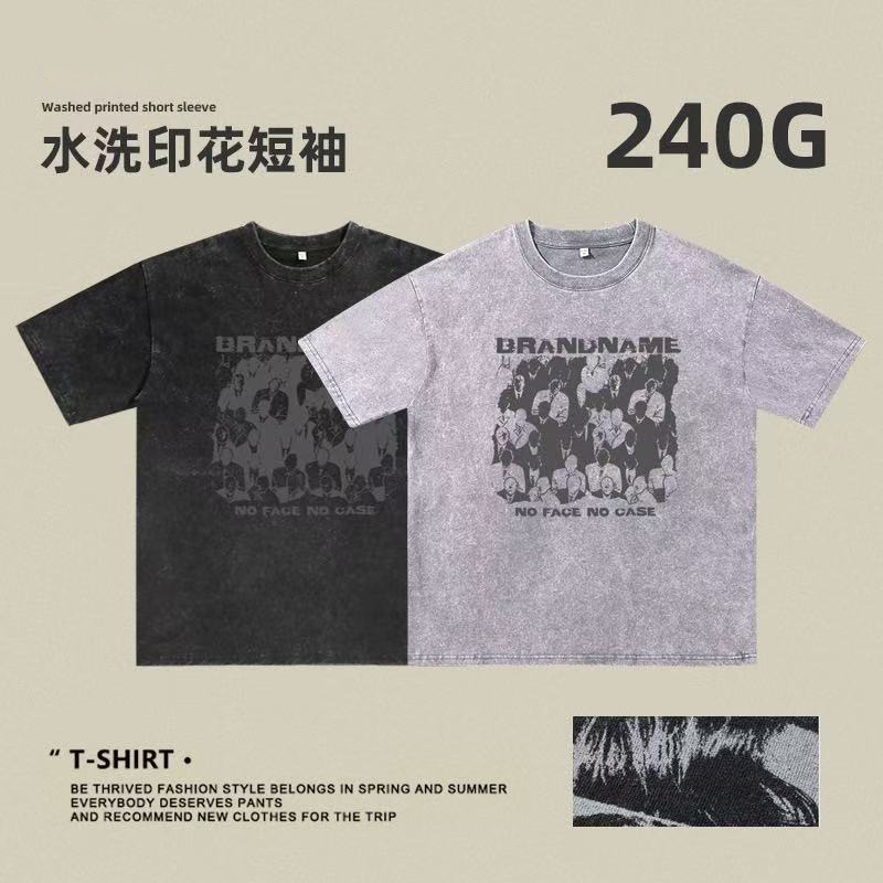 2025 transfronterizo pesado camiseta de manga corta hombre lavado retro cuello redondo suelto estilo hip-hop americano camisa de hombro en la moda