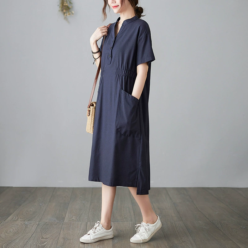 2021 летнее Новое художественное платье из хлопка и льна с V-образным вырезом и короткими рукавами