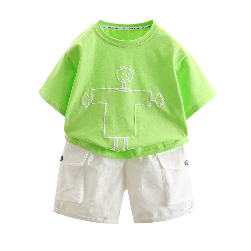 7417 Pantalones cortos de herramientas de verano para niños Traje de manga corta de estilo occidental para niños 2025 Nuevo traje de dos piezas guapo para bebés para hombres