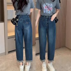 大码复古蓝色哈伦牛仔裤女夏季胖mm宽松高腰显瘦直筒老爹萝卜裤子