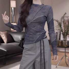 拼接修身薄款长袖T恤圆领气质女2026年春秋新款时尚百搭显瘦简约