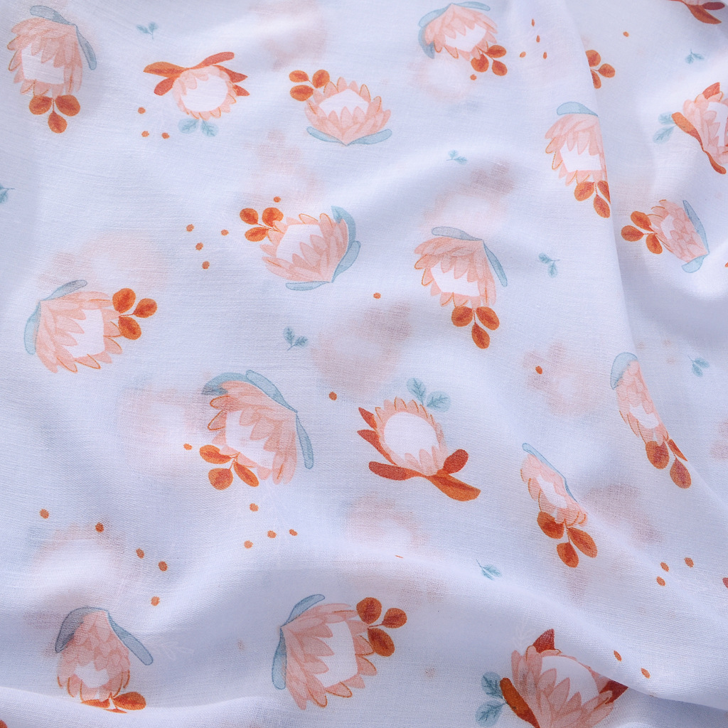 2022 primavera y verano nueva pequeña bufanda de seda fresca larga borla chal azul claro flor impresa bufanda de algodón y lino para mujeres