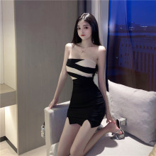 跨境外贸批发法式辣妹性感裹胸连衣裙女条纹拼接开叉包臀性感辣妹