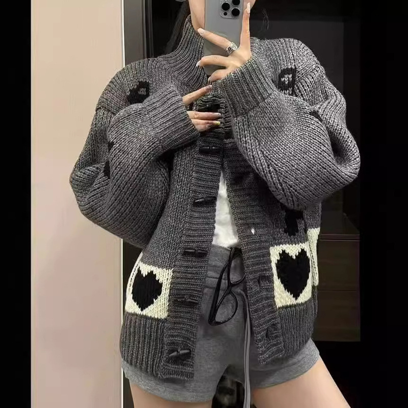 秋冬新款韩版休闲慵懒风狗狗猫咪图案立领设计感针织开衫毛衣外套|undefined