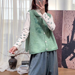 森女系绣花勾线毛衣马甲2025秋季文艺简约翻领单排扣柔软百搭坎肩