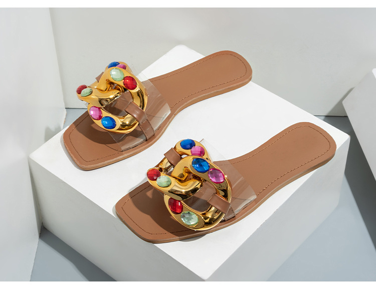 Ciabatte Cross Border Nuovi sandali piatti da donna con strass color caramello Pantofole trasparenti con fibbia in metallo moda femminile_voghion.com