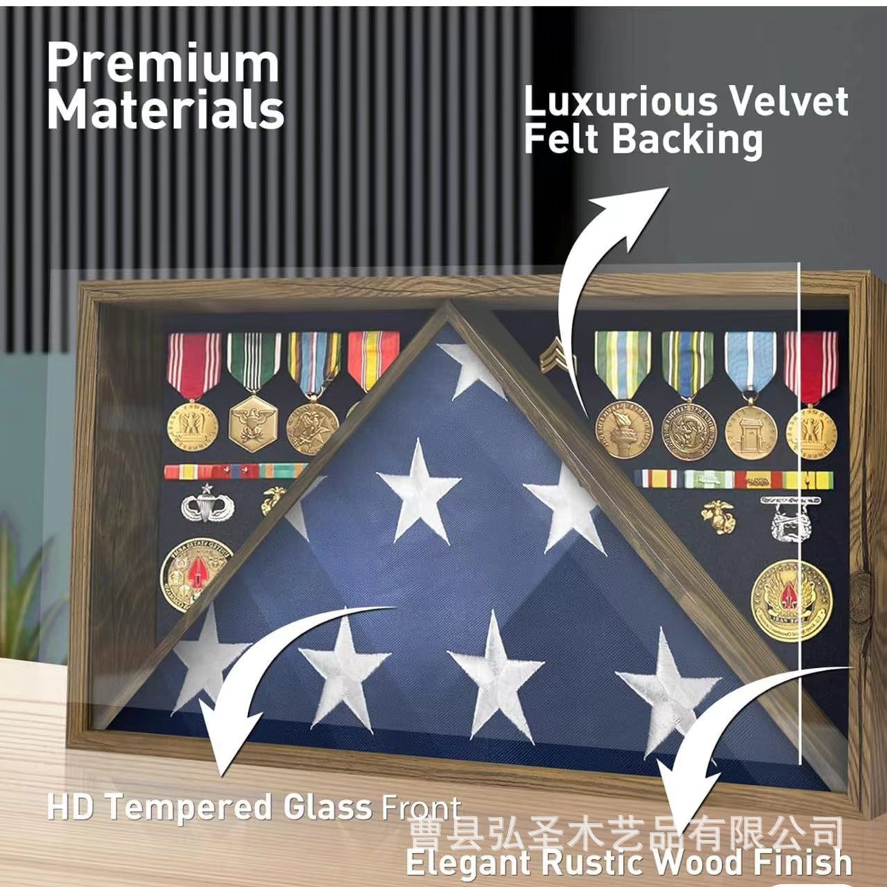 Estante de almacenamiento de la medalla de la bandera transfronteriza Adornos de madera Caja de sombra de la bandera de los veteranos Caja de exhibición de la cubierta protectora de la bandera