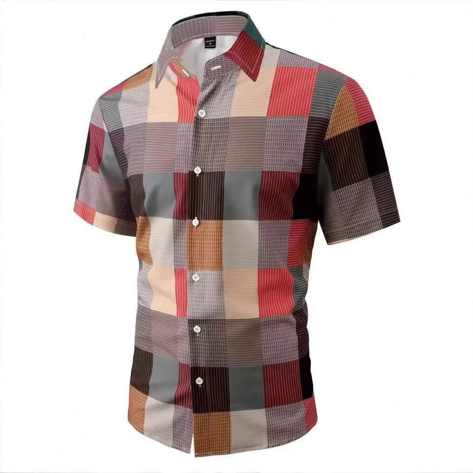 Cross-Border Amazon Plaid Shirt Summer Men's Short-Sleeved Lapel Youth Casual Men's Shirt Wholesale Breathable Loose Fit