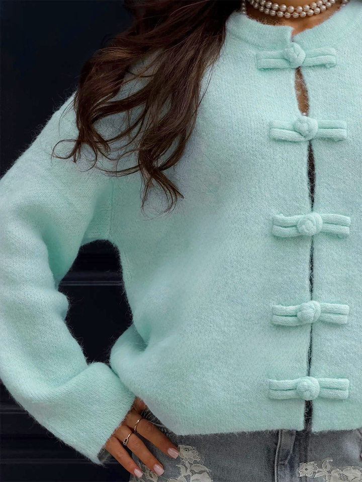 Áo cardigan len dài tay cổ tròn màu trơn cài khuy, form rộng — Màu tím, Xanh nhạt, Xanh quân đội, Xanh rêu đậm chi tiết 4