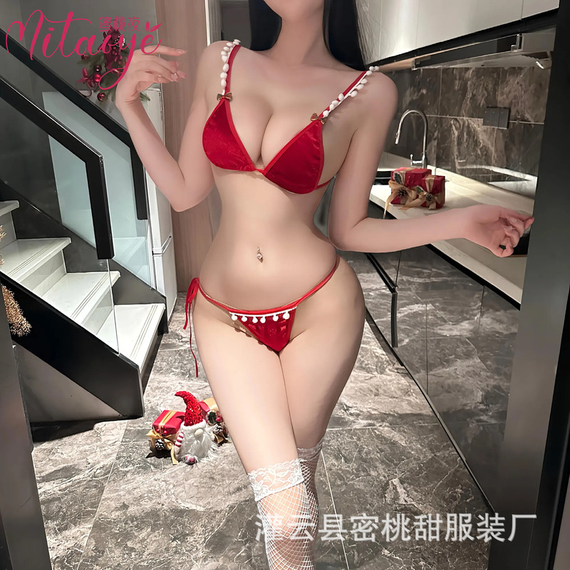 Christmas Sexy Lingerie Sexy Three-Point Cut Out Halter Bra Panties Hot Lace Bikini Set