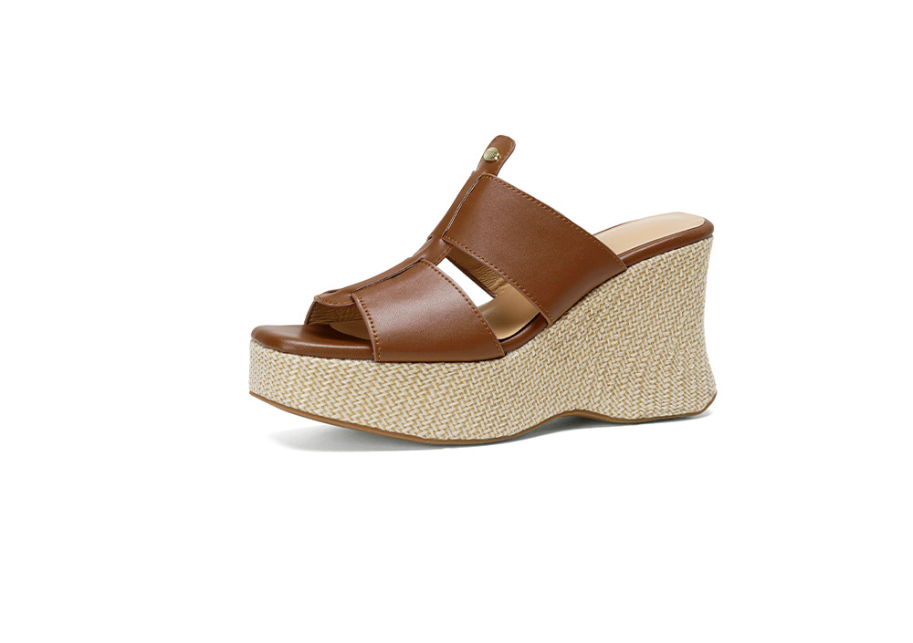 Sandal cao gót nữ hở mũi phong cách Bohemian đế xuồng đan dây — màu nâu, màu mơ chi tiết 21