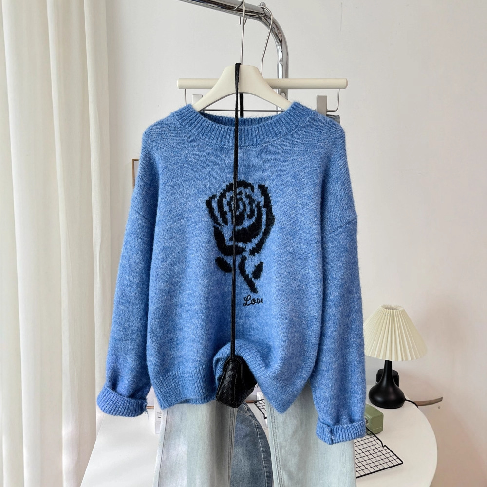 慵懒风蓝灰色玫瑰提花圆领毛衣女设计感宽松百搭遮肉软糯上衣6348