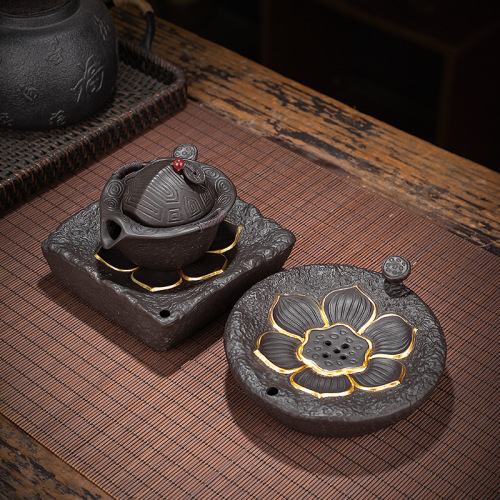 Gold-Trimmed Zisha Teapot Stand, Lotus Dry Brew Platform, Gongfu Tea Set Teapot Mat, Tea Brewing Stand, Ceramic Tea Accessories, Tea Trivet