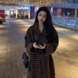 2024秋季新款呢外套小个子西装领毛呢宽松格子大衣女