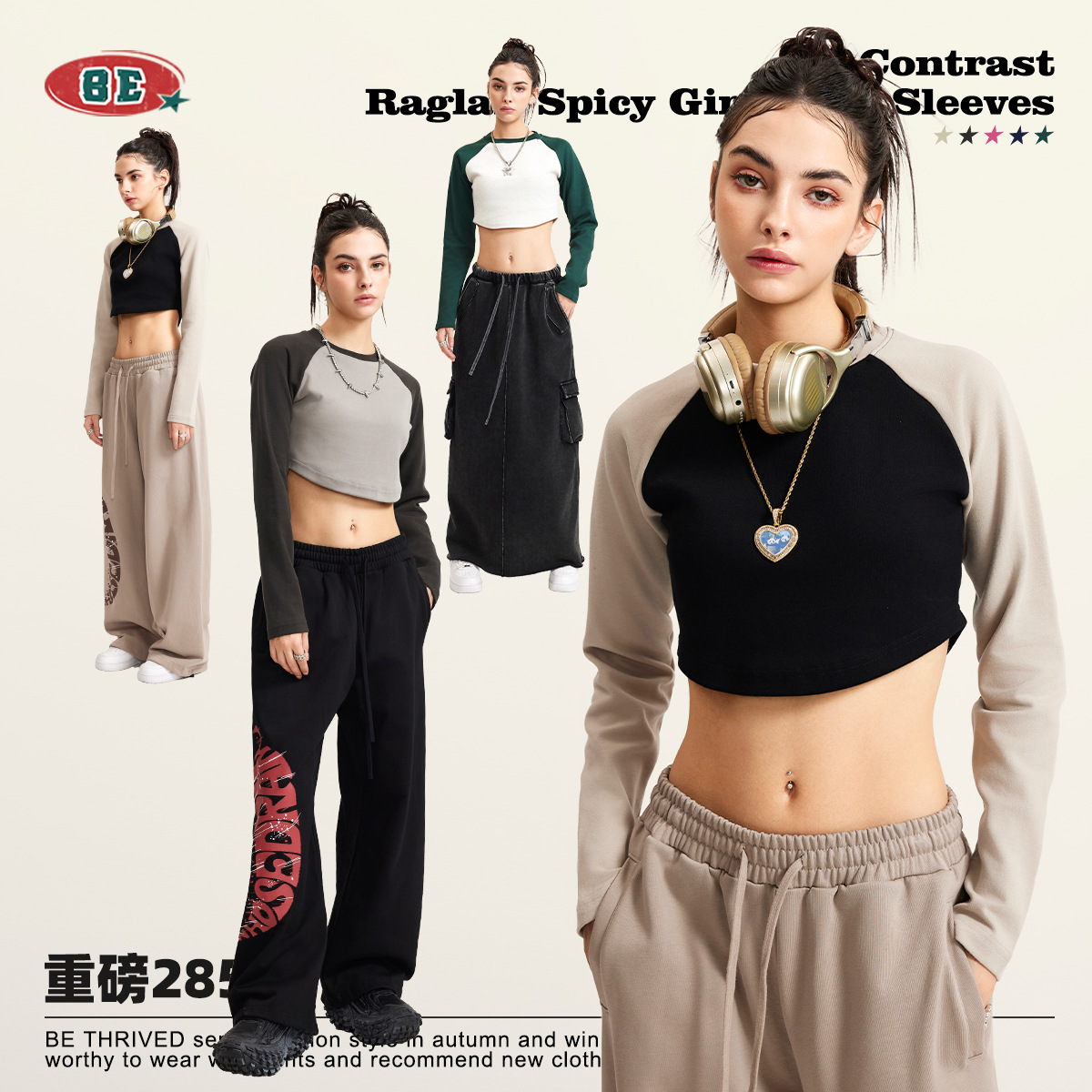 Camiseta corta de otoño para mujer BE, manga raglán de algodón picante, estilo dulce y fresco, camiseta de manga larga estilo BM recortada, marca de moda, sexy. image 3