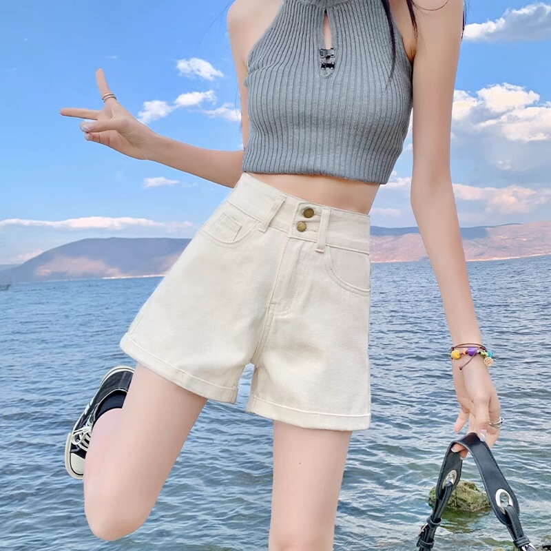 黒デニムショートパンツ女性の夏薄型多用途新大きいサイズルーズ痩身ハイウエストカールホットパンツ|undefined
