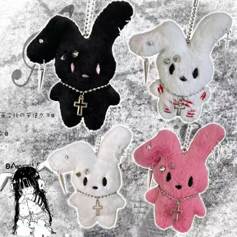 Punk Bunny~Original Keychain with Rivet Cross and Injured Rabbit Anime Pendant Y2K Keychain Soft Girl Style