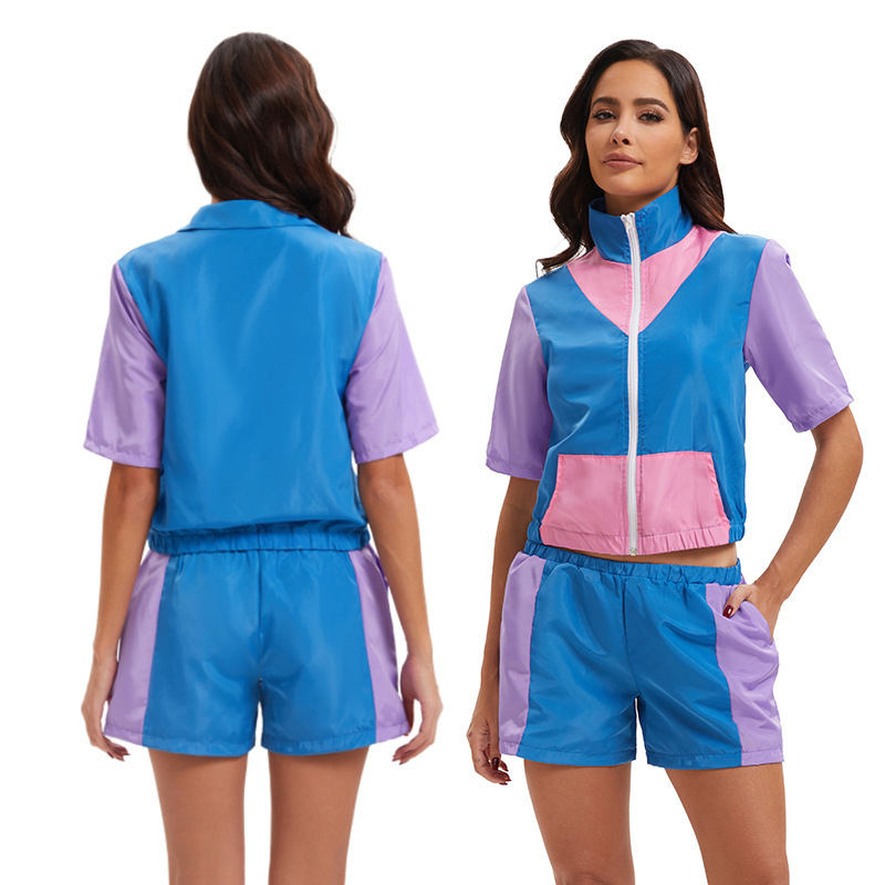 Carnival costume retro 80's disco fashion zipper sportswear two-piece set trendy party stage outfit