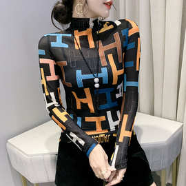 欧洲站2023秋季新款时尚字母印花修身显瘦半高领长袖T桖女代发