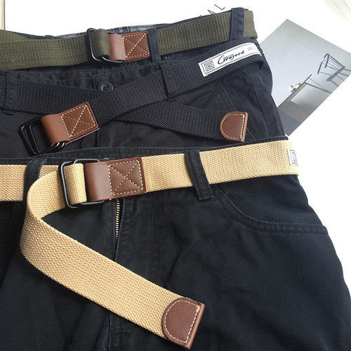 Korean style double ring buckle belt all-match ins trendy personality men's overalls jeans pants with trendy canvas belt