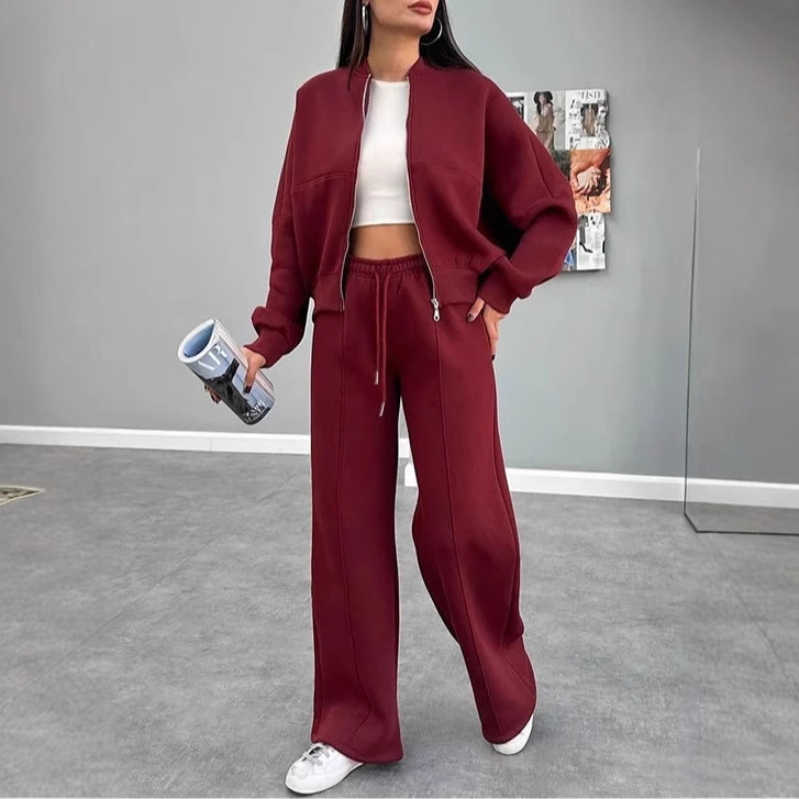 2025 Autumn and Winter Cross-Border European and American Pure Color Velvet Zipper Cardigan Women's Fashion Casual Straight Pants Suit Jacket