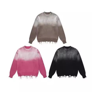 European and American high street autumn and winter oversize thickened washed sweater cut round neck gradient knitted sweater