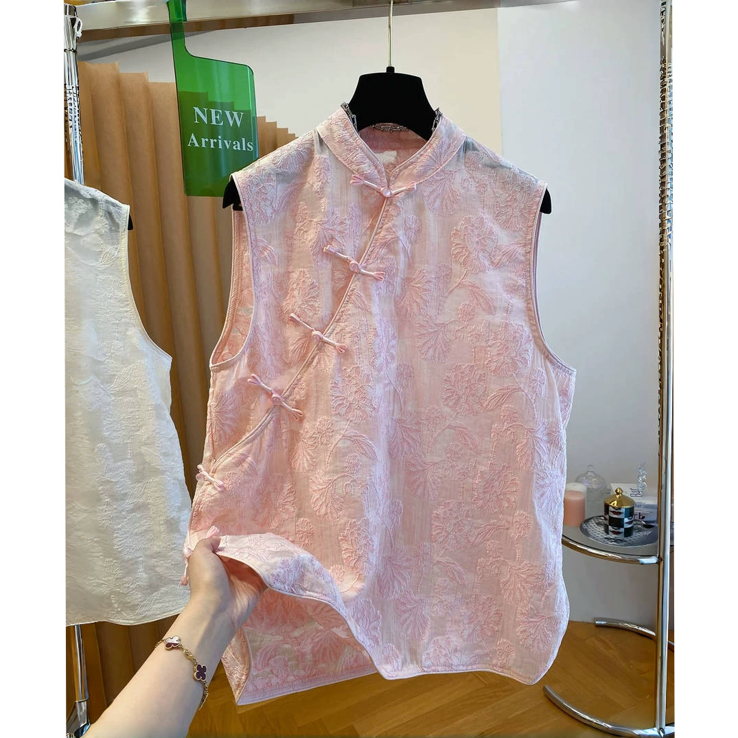 Новый повседневный носимый топ без рукавов в китайском стиле, женский летний розовый жилет на пуговицах с вышивкой, рубашка