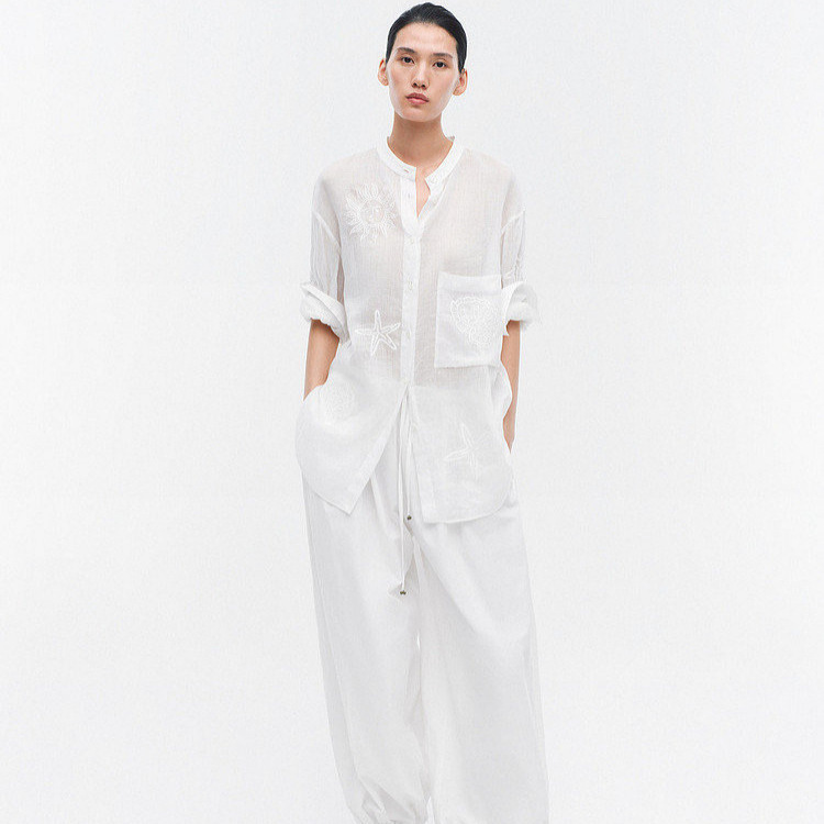 Ed Shirt for Women, White, Light Luxury, 2026 Summer New Island Series, Embroidered, Lightweight, 100% Ramie Shirt, Sun Protection
