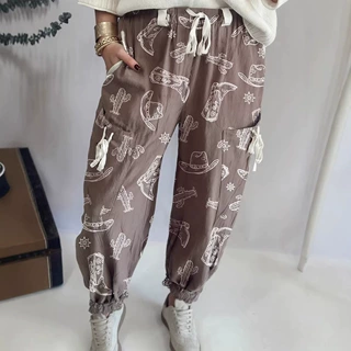 独立站跨境热卖夏季新款高腰休闲裤女欧美潮流风印花带口袋长裤女