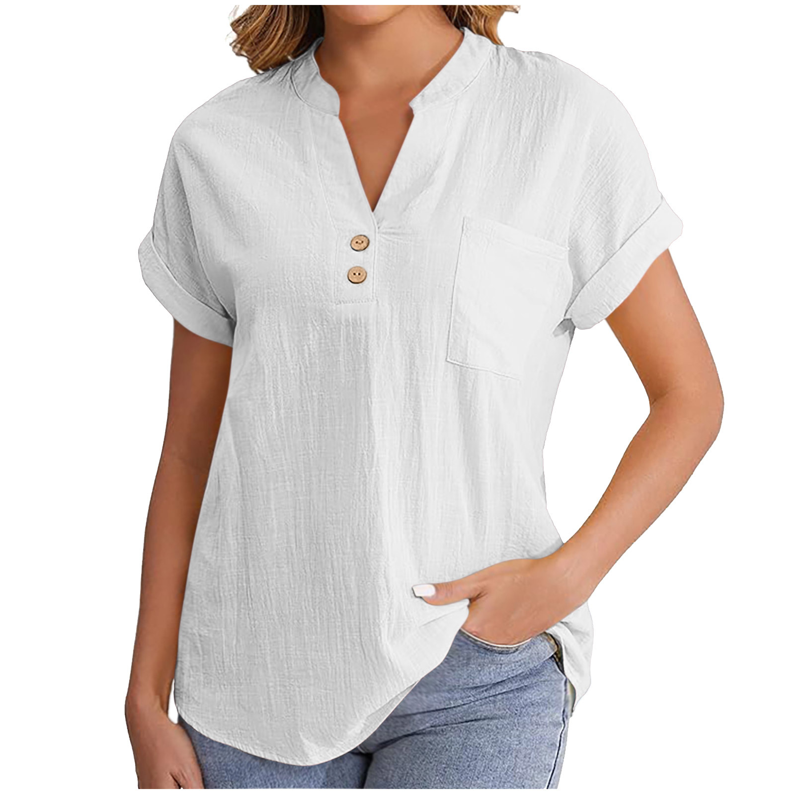 2025 European American Summer Solid Color Buttoned Short-sleeve Women's Shirt, Cotton-linen, Washed, Wrinkled,_ecoleips.com
