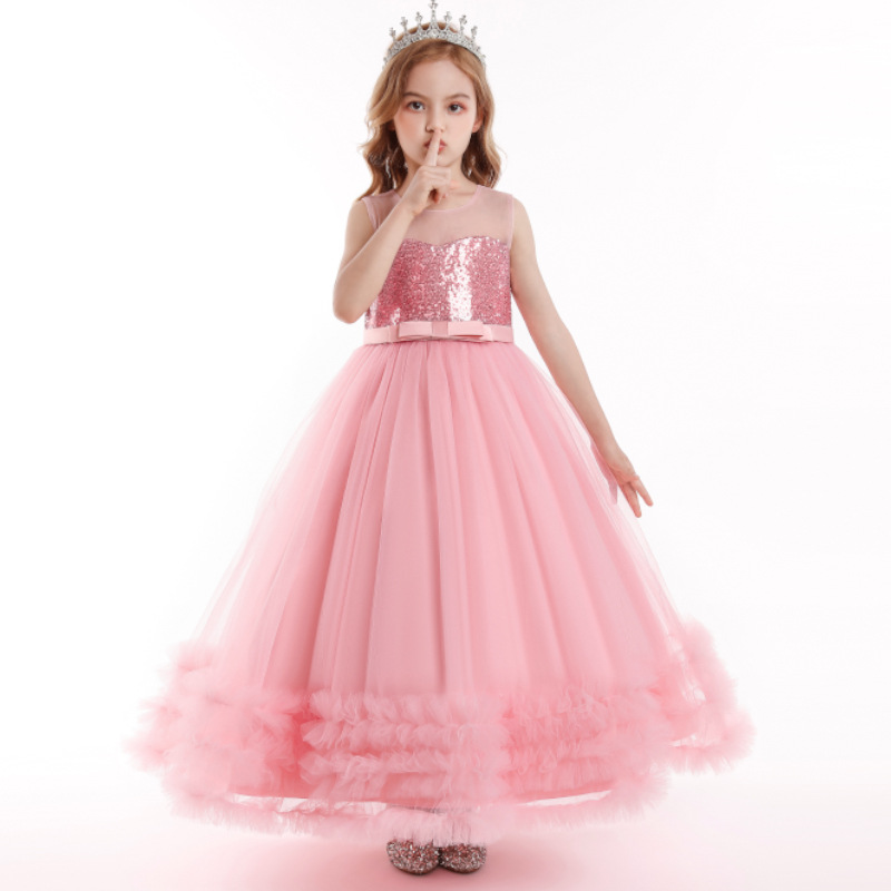 Amazon Cross-border Children's Dress Summer Girls Glitter Wedding Dress Embroidered Net Dress Princess Pom-pom Dress